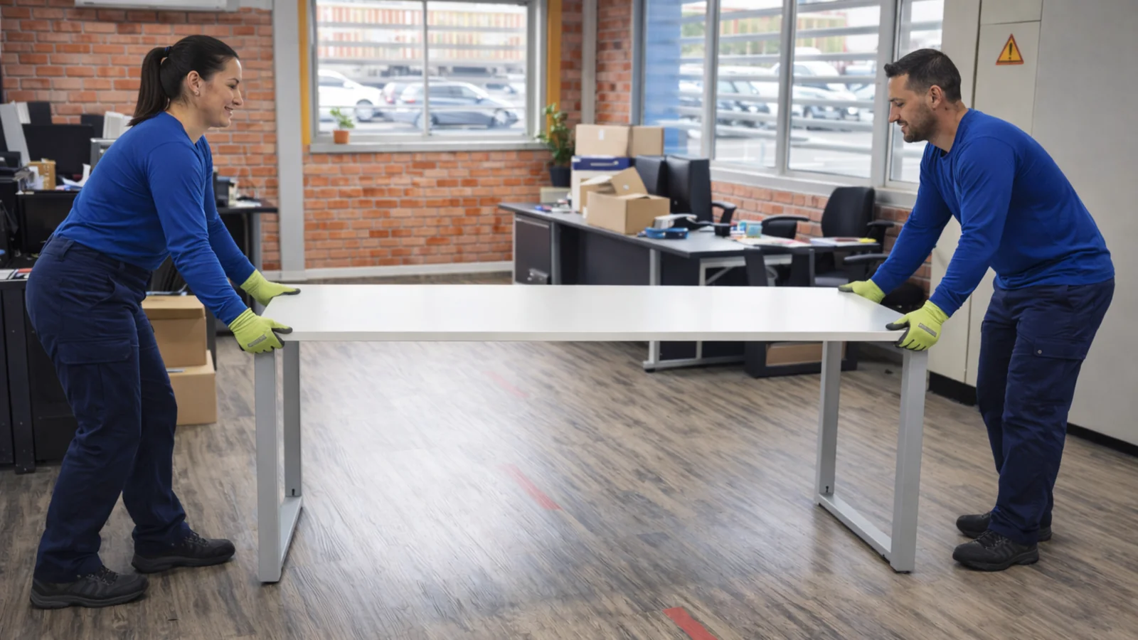 trabajadores trasladando escritorio en una mudanza de oficina