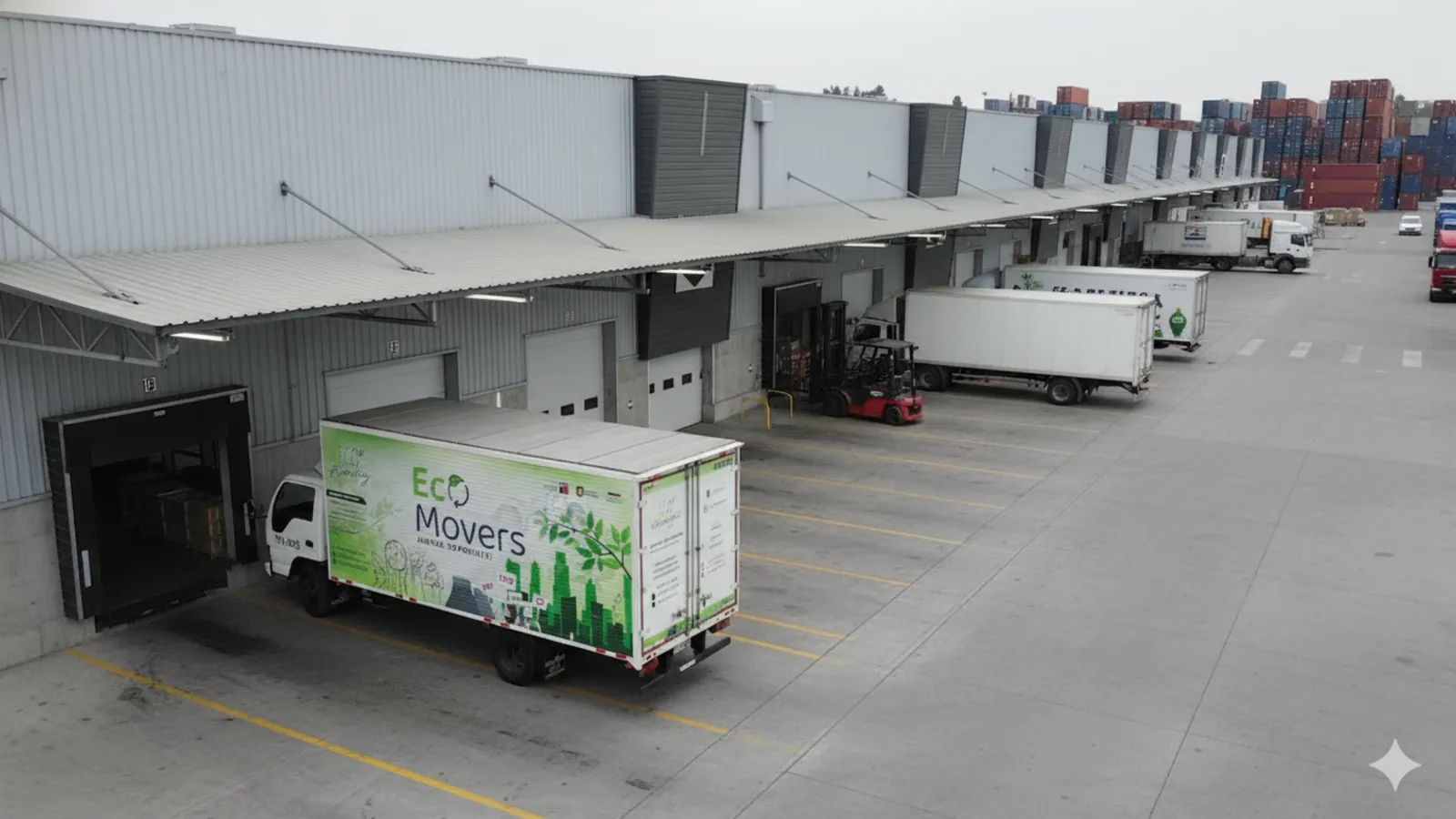 camión de ecomovers en centro de bodegaje industrial